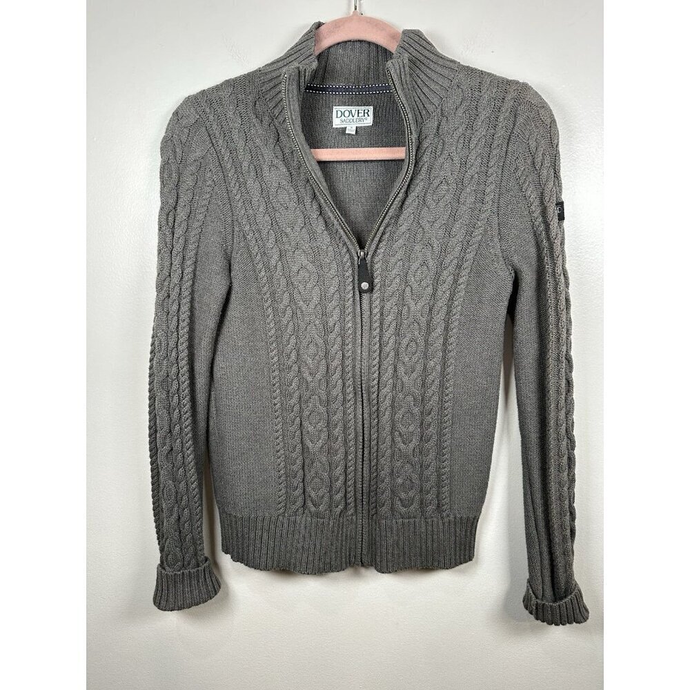 Dover Saddlery Full Zip Cardigan Size Small Gray Cable Knit Equestrian Preppy